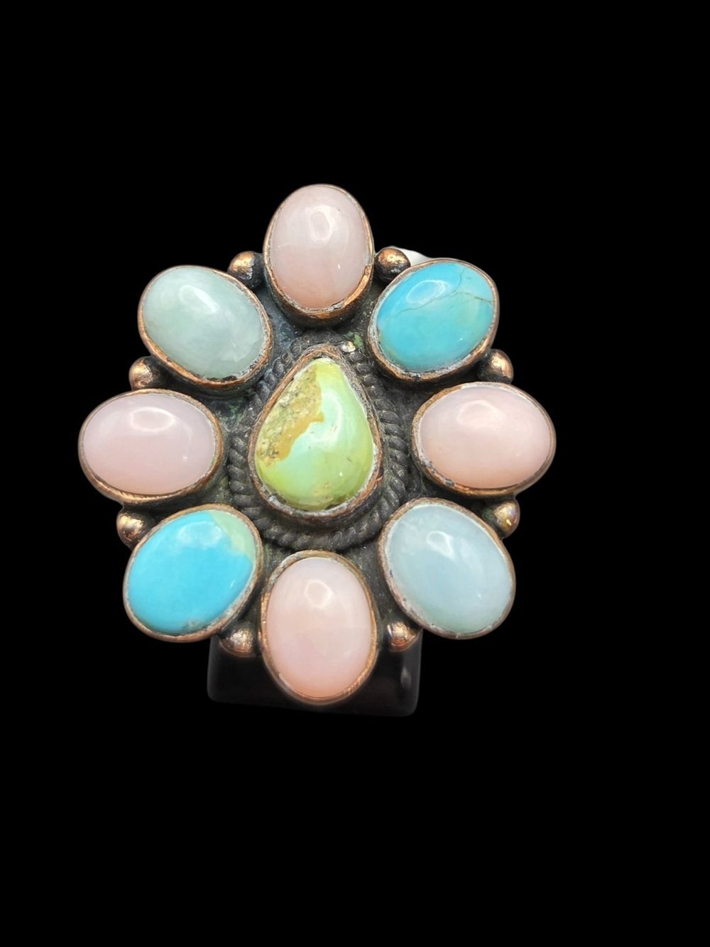 Copper Sonoran Gold Turquoise Pink Conch Cluster Ring Adjustable Southwestern
